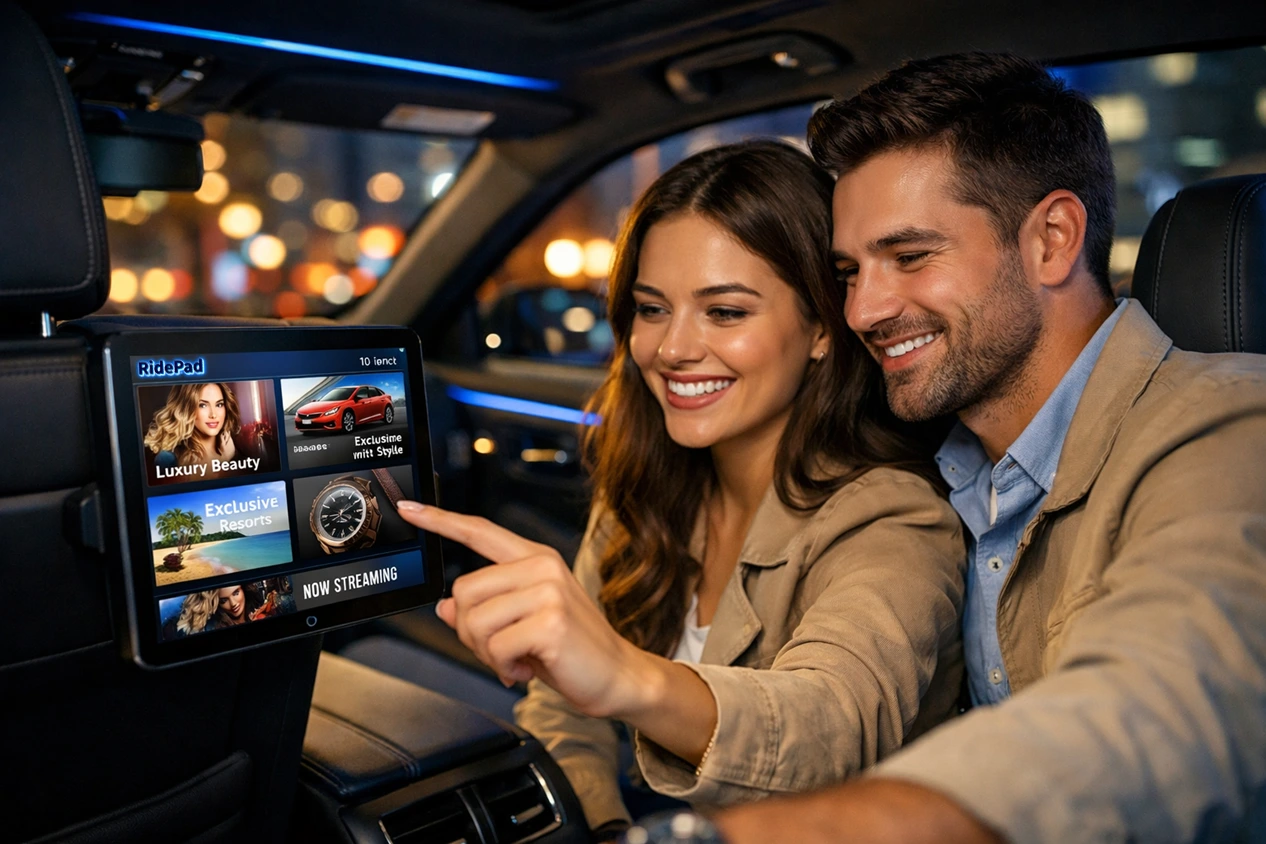 Interactive advertising display mounted on a vehicle headrest showing a local business promotion